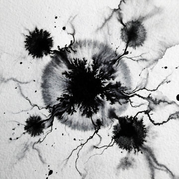 Abstract Black Ink Blot Explosion &ndash; Organic Tendrils & Satellite Splatter, High Contrast Monochrome Ink Art on White