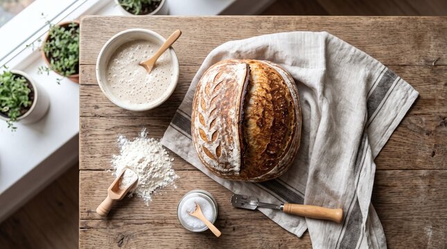 Freshly baked sourdough bread loaf on a rustic wooden kitchen table.