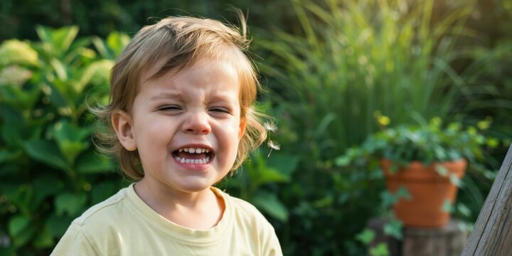 Adorable toddler laughing and squinting in a sunny garden with lush green plants and a potted flower