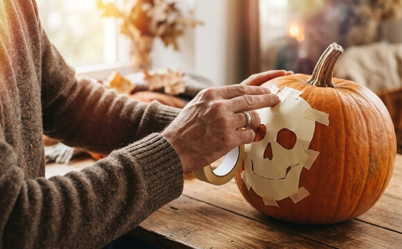 Senior man decorating a pumpkin with a skull stencil using adhesive tape for Halloween celebration at home