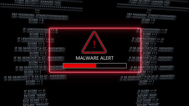Urgent malware alert warning notification displayed on a digital computer screen with scrolling python programming code background, for cybersecurity threat, detection and information technology