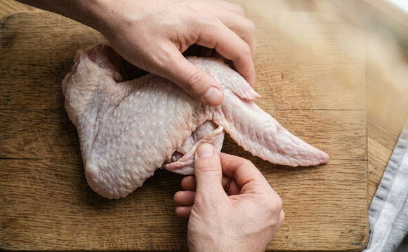 Chef hands preparing raw turkey wing on wooden cutting board for cooking dinner recipe
