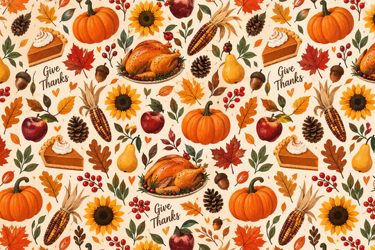 Thanksgiving seamless pattern with turkey, pumpkin and autumn harvest elements