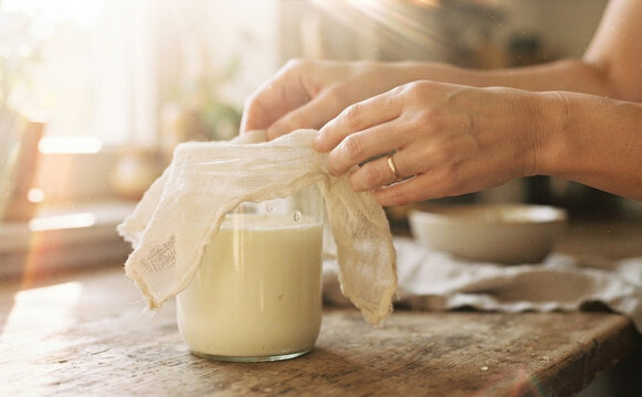 Woman hands covering glass jar with cheesecloth to strain homemade yogurt in rustic kitchen