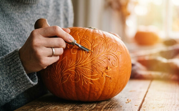 Woman carving intricate floral and leaf patterns into a fresh orange pumpkin for Halloween decoration on a wooden table at home