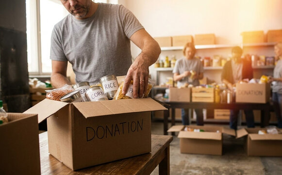 Middle aged caucasian man packing food donation box in community charity center volunteer warehouse concept