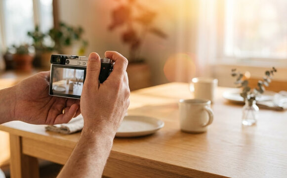 Person holding digital camera taking photo of cozy wooden table with coffee cups and vase in bright living room