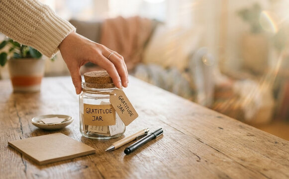 Woman holding a gratitude jar with notes and pens on a wooden table at home for mindfulness and positivity practice