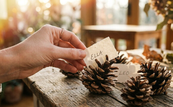 Woman placing handmade name place card in pinecone holder on wooden table for autumn wedding or rustic dinner party