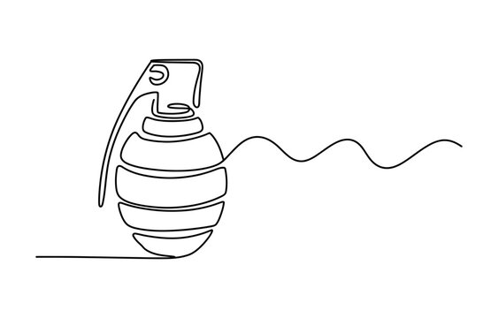 Continuous one line drawing of a military hand grenade with a simple wavy tail