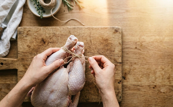 Chef tying raw whole chicken with kitchen twine on wooden cutting board preparation for roasting