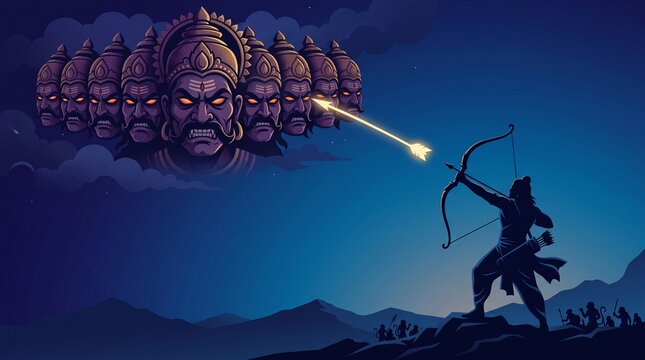 Lord rama shooting arrow at tenheaded ravana for dussehra