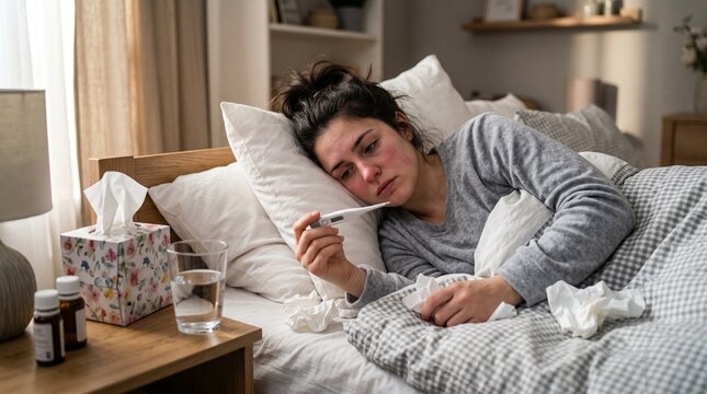 Young woman with fever lying in bed checking her temperature with a thermometer