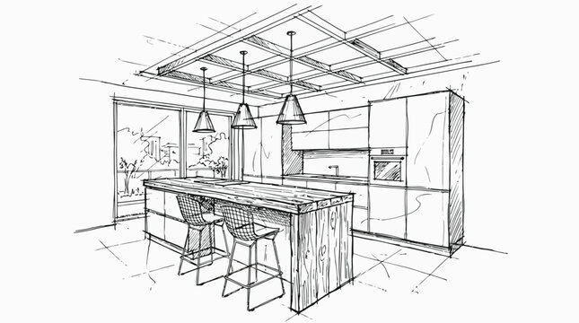 Black and white architectural sketch of modern kitchen interior