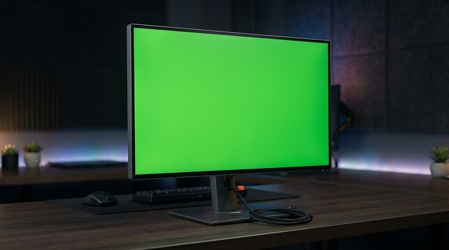 Modern computer monitor with a blank green screen sitting on a wooden desk in a dark office environment