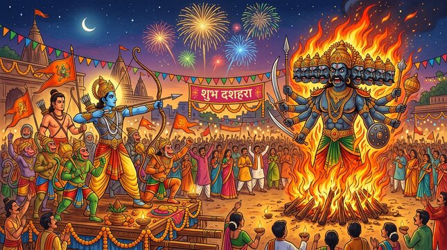 Dussehra festival celebration with lord rama and burning ravana
