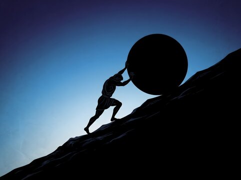 Silhouette of a man pushing a large heavy stone boulder up a steep hill at twilight