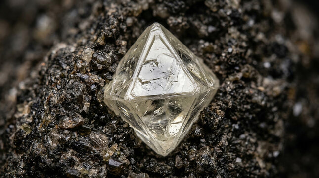 A raw, uncut diamond crystal rests on a bed of dark, coarse sand and mineral particles.