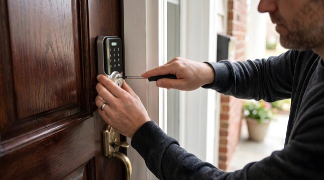 Locksmith installing electronic smart lock on wooden front door using screwdriver