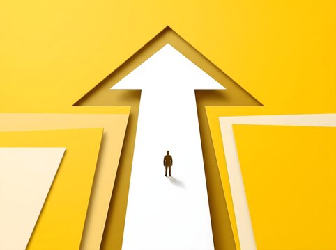 A lone person walking forward on a white path shaped like a large arrow against a yellow background