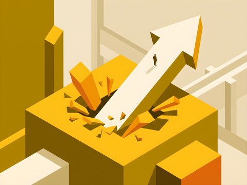 Isometric illustration of a white arrow breaking through a yellow surface representing business growth and breakthrough success