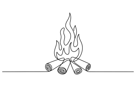 Continuous single line drawing of a campfire with wood logs and burning flames Vector, illustration