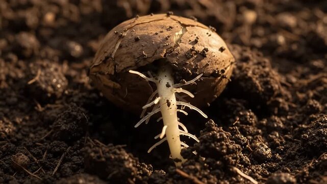 Nut Sprouting Roots From Shell in Soil Macro Timelapse
