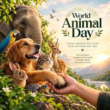 World animal day poster featuring a hand shaking paw with exotic and domestic animals