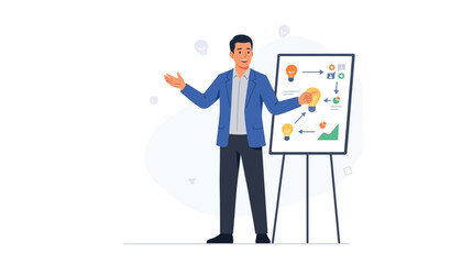 Obraz premium Man Presenting Business Strategy Flowchart with Idea Lightbulbs on Whiteboard