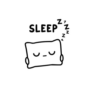 Cute hand drawn doodle of a sleeping pillow with closed eyes and sleep symbols and text