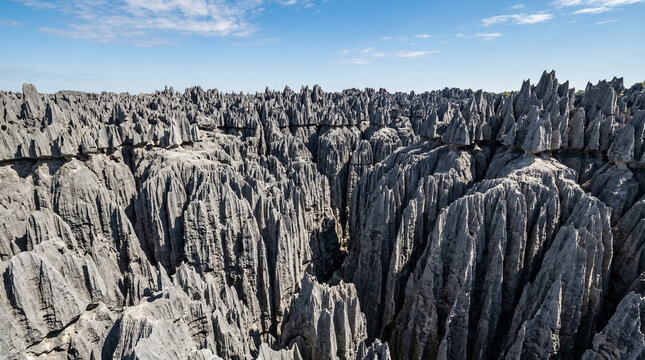 Jagged limestone rock formations create a vast karst landscape under a clear blue sky.