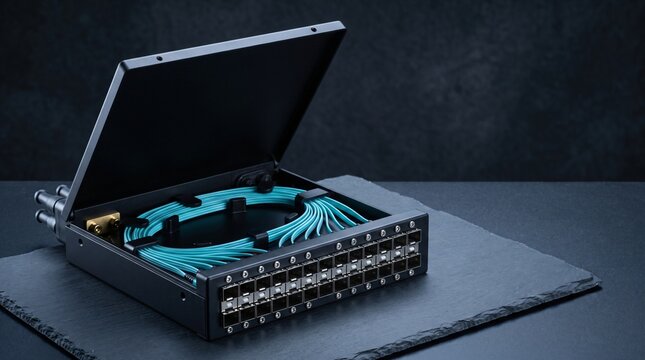 Commercial product photograph of ultra high density mpo mtp fiber optic patch cassette showing precision optical adapters and color coded trunk cables for enterprise data center network rack