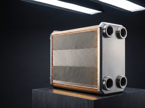 Commercial macro product photograph of heavy duty brazed plate heat exchanger bphe with corrugated stainless steel plates and copper brazing for high efficiency data center liquid thermal loop