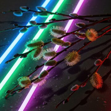Macro pussy willow branches with diagonal neon stripes.