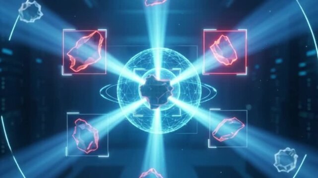 Digital shield icon inside a glowing holographic sphere representing server data protection and cyber security server room data center network protection information security cyber defense