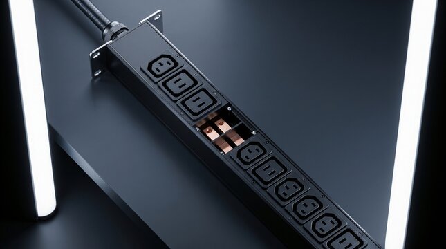 Commercial product photograph of slim vertical intelligent rack power distribution unit pdu with industrial locking sockets and black anodized aluminum chassis mounted on enterprise server rack