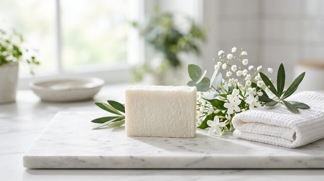 White soap on a white stone surface, white flowers, green leaves, white towel; spa concept, hygiene, self-care, and well-being.