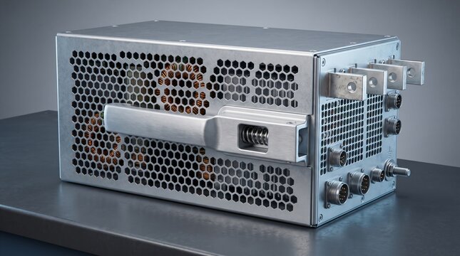 Industrial studio photograph of modular hot swappable high voltage direct current hvdc rectifier power conversion unit with hexagonal ventilation holes and blind mate connectors for data center
