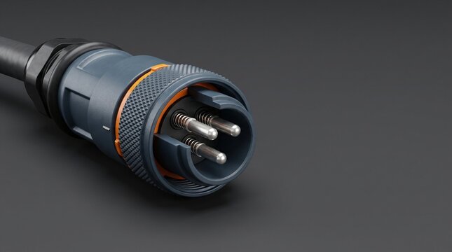 Studio macro product photograph of heavy duty high amperage industrial pin and sleeve power whip connector plug with beryllium copper contacts and mechanical threaded locking ring for server rack