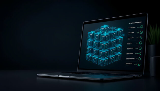 Open laptop on dark desk displaying glowing cyan modular code block matrix for SBOM software bill of materials security