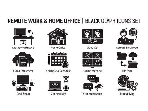 Remote work and home office black glyph icons set for business communication