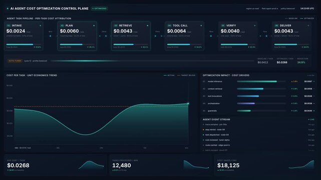 Advanced artificial intelligence agent cost optimization control plane analytics dashboard interface, for data processing, machine learning operations, financial performance,