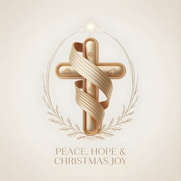 Golden braided cross with ribbon design set against light background for holiday greeting card  for Navidad natal,Vesel&eacute; Vianoce,Gle&eth;ileg J&oacute;l,Linksmų Kalėdų,Nollaig Shona,Nadolig Llawen,Eguberri On