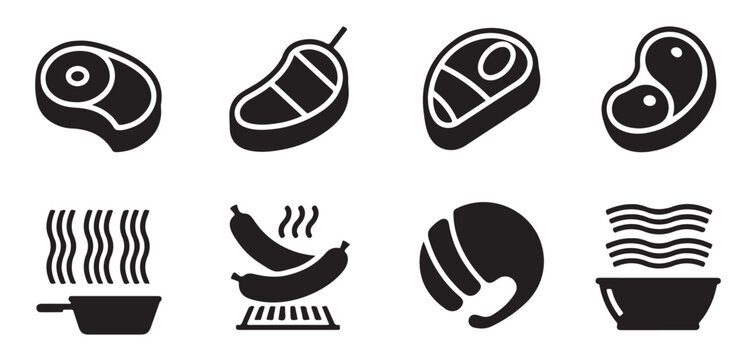 Grilling meat cuts and pan cooking black icons collection isolated on transparent grid background panel.