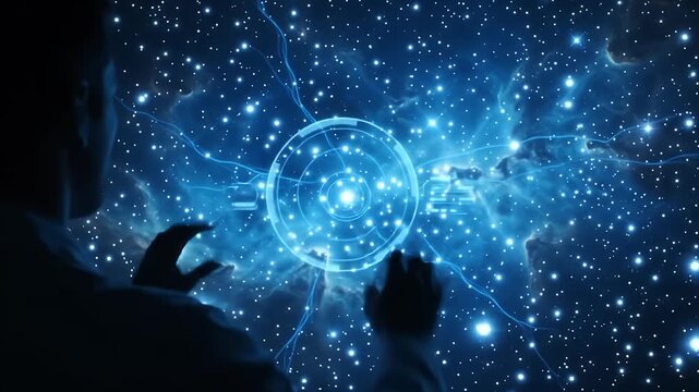 Scientist interacting with holographic galaxy display inside modern observatory dome