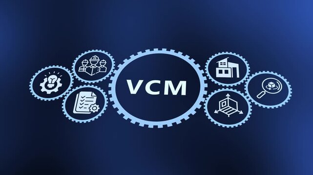 VCM voluntary carbon market concept for carbon finance, sustainability strategy and business workflow icons.