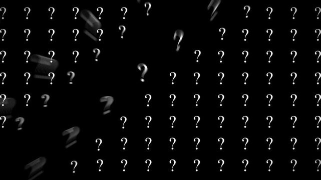 Abstract background featuring rotating question marks moving across dark space in rhythmic animation.