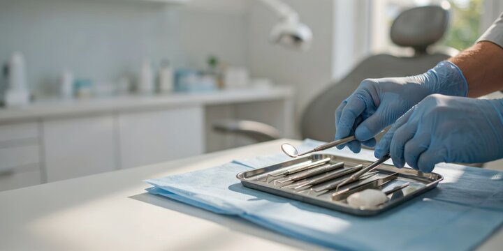 Dentist preparing dental tools on a tray in a modern clinic