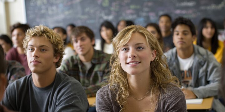 Classroom with attentive students listening to teacher, neutral backdrop, marketable editorial stock image