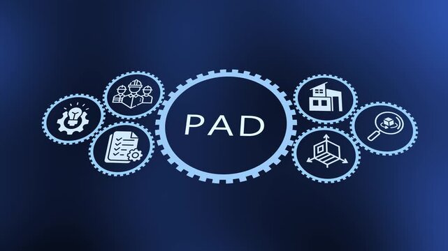 Abstract digital animation of Project Architecture Design acronym inside gears.